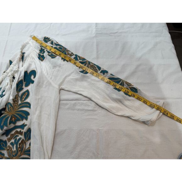 Soft Surroundings Shirt Sz S White Green Embroidered Sequins Tassel Boho Top - Picture 9 of 12